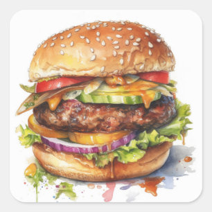 großer, saftiger Hamburger - Aquarell Quadratischer Aufkleber