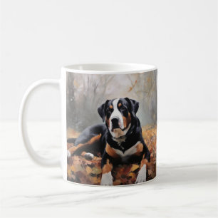 Großer Schweizer Sennenhund im Herbstlaub fällt Kaffeetasse