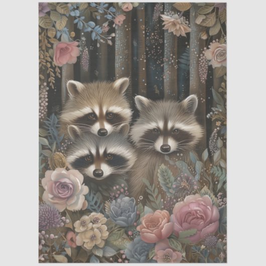 Grosser Wald Florals und Raccoon Decoupage Seidenpapier (Vorderseite)