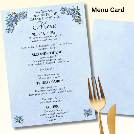 Größere Menükarte - Blue Peony Wedding Set