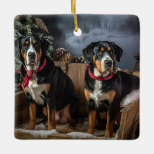Größerer Schweizer Berg Schlitten Weihnachten  Keramikornament