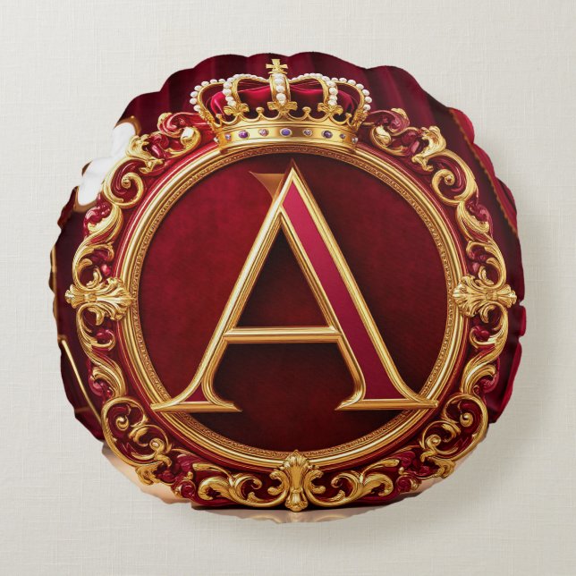 Großes A-Monogramm auf rotem Samt Rundes Kissen (Vorderseite)