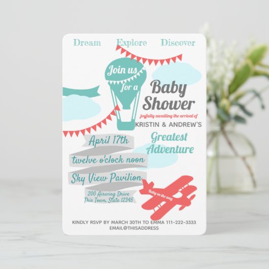 Großes Abenteuer Heißluftballon und Flugzeug Einladung (Stehend Vorderseite)