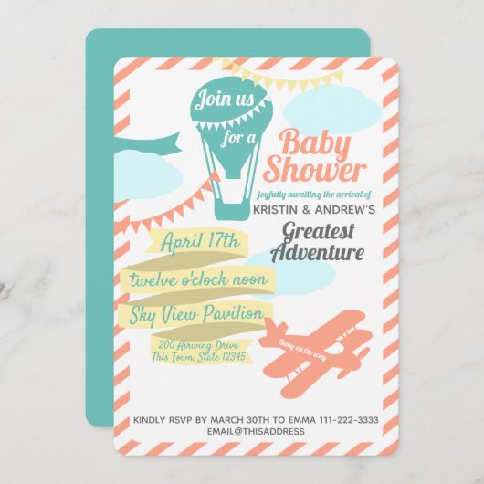 Großes Abenteuer Heißluftballon und Flugzeug Einladung (Vorne/Hinten)