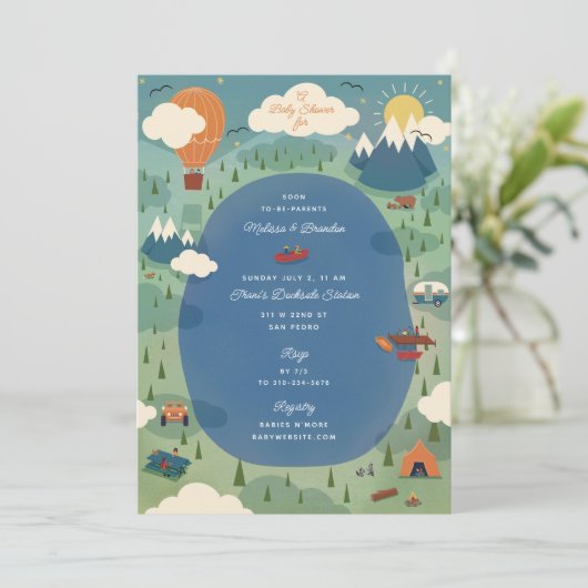 Grosses Abenteuer Outdoor Camping Kinderdusche Einladung (Stehend Vorderseite)