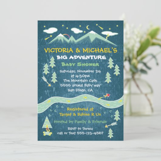 Grosses Abenteuer rustikale Bergvolkskunst Babydus Einladung (Stehend Vorderseite)