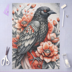 Großes Aquarell-Blumen-Rabe für Decoupage Seidenpapier