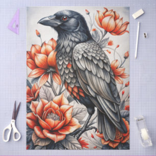 Großes Aquarell-Blumenmuster mit schwarzem Raben f Seidenpapier