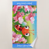 Grosses Badetuch Ladybug Blumengarten. Blaue Kante (Vorderseite)