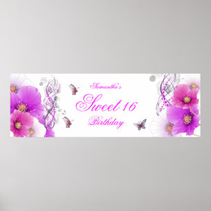 großes Banner Geburtstag Hübsches Rosa Floral Weiß Poster