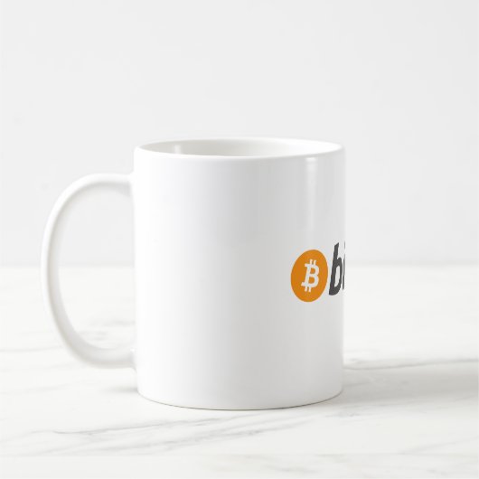 Grosses Bitcoin-Logo mit orangefarbenem Bitcoin-Sy Kaffeetasse (Links)