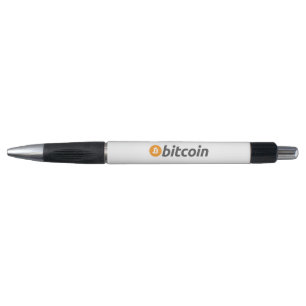 Grosses Bitcoin-Logo mit orangefarbenem Bitcoin-Sy Kugelschreiber