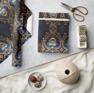 großes blau-goldenes Steampunk-Herzenmuster Geschenkpapier