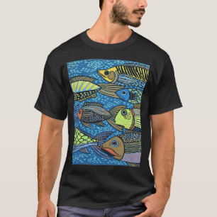 Großes Blau, Linolschnitt-Stil mit Fisch T-Shirt