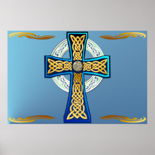 Großes blaues keltisches Kreuz-Plakat Poster