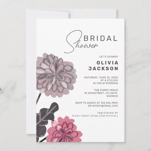 Grosses, blumengraues rosa Brautparty Einladung (Vorderseite)