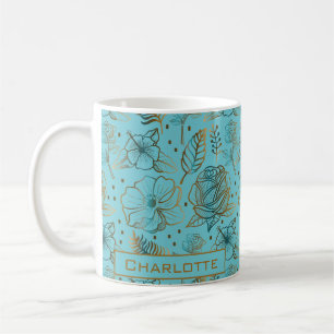 Großes Blüten-Blumenmuster goldener personalisiert Kaffeetasse