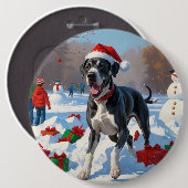 Großes Dane läuft im Schnee mit Weihnachtshut Button (Vorne & Hinten)