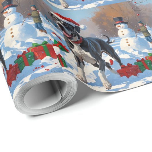 Großes Dane läuft im Schnee mit Weihnachtshut Geschenkpapier (Rolleneckpunkt)