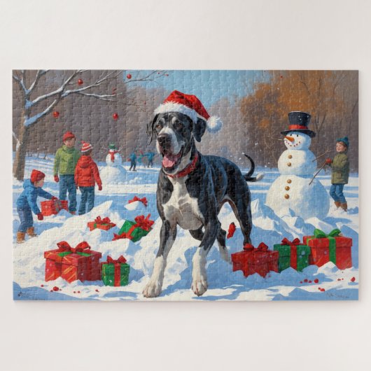Großes Dane läuft im Schnee mit Weihnachtshut Puzzle (Horizontal)