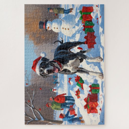 Großes Dane läuft im Schnee mit Weihnachtshut Puzzle (Vertikal)
