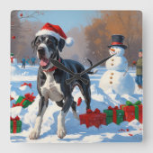 Großes Dane läuft im Schnee mit Weihnachtshut Quadratische Wanduhr (Vorderseite)