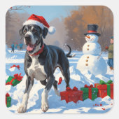 Großes Dane läuft im Schnee mit Weihnachtshut Quadratischer Aufkleber (Vorderseite)