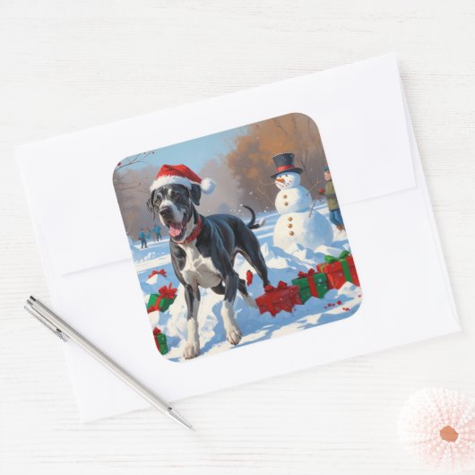 Großes Dane läuft im Schnee mit Weihnachtshut Quadratischer Aufkleber (Umschlag)