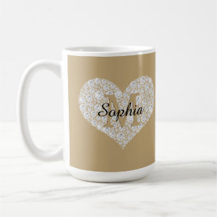 Großes Diamantherz, goldenes Monogramm, Schriftnam Kaffeetasse