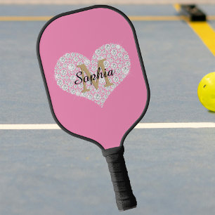 Grosses Diamantherz, Goldmonogramm, Name, Rosa Pickleball Schläger