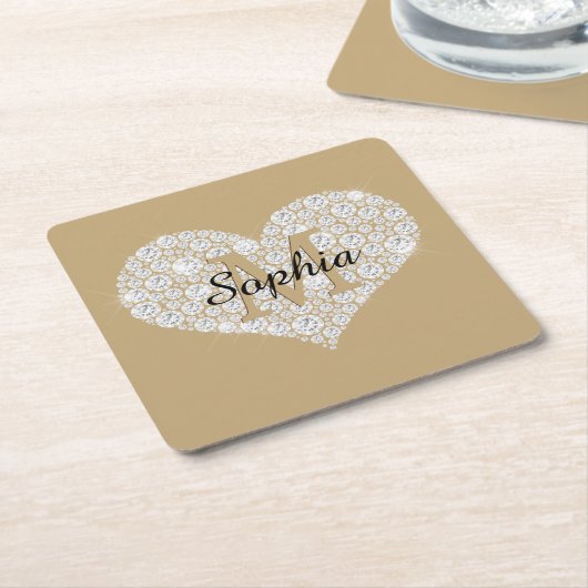 Grosses Diamantherz, Goldmonogramm, Skriptname Rechteckiger Pappuntersetzer (angewinkelt)