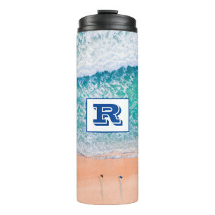 Großes fettes blaues Monogramm, Strand Szene Thermosbecher