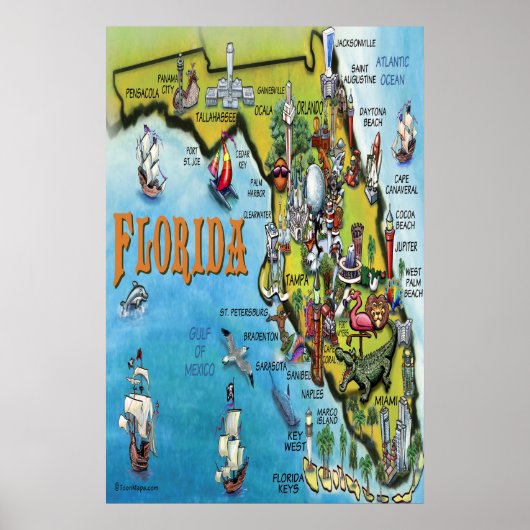 Großes Florida Cartoons Map Poster (Vorne)