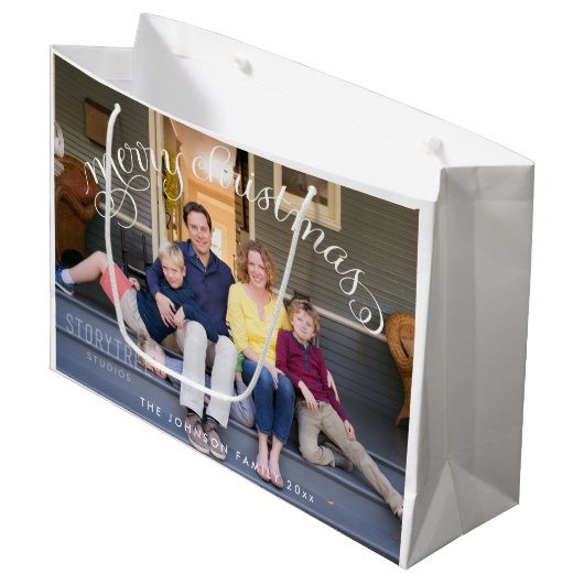 Grosses Foto Frohe Weihnachtsgeschenktaschen Große Geschenktüte (Vorderseite Schrägansicht)