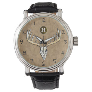 Großes Geweih-Weißwedelhirsch-Schädel-Monogramm Armbanduhr