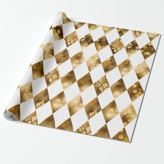 Grosses Gold und Weißer Diamant Harlequin Geschenkpapier (Ungerollt)