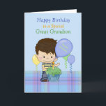 Großes Grandson Special zum Geburtstag mit Junge Karte<br><div class="desc">Eine süße Karte für einen ganz besonderen Großen Enkel mit blauem Hintergrund mit kariertem Unterblau und einem süßen kleinen Jungen mit blauen und gelben Shirts und Jeans. Vor dem kleinen Jungen gibt es einen grünen Kuchen und herumschwebende Ballons. Junge und cupcake originelles Design von Cheryl Seslar bei Digital Craft Supplies,...</div>