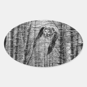 Großes Grau-Eule in den Schwarzweiss-Aufklebern Ovaler Aufkleber
