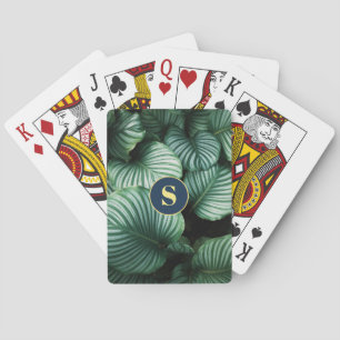 Großes grünes Blätterdesign, gelbes Monogramm Spielkarten