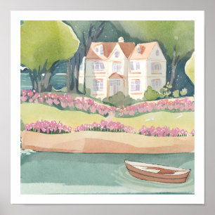 Grosses Haus am See und Boot Poster