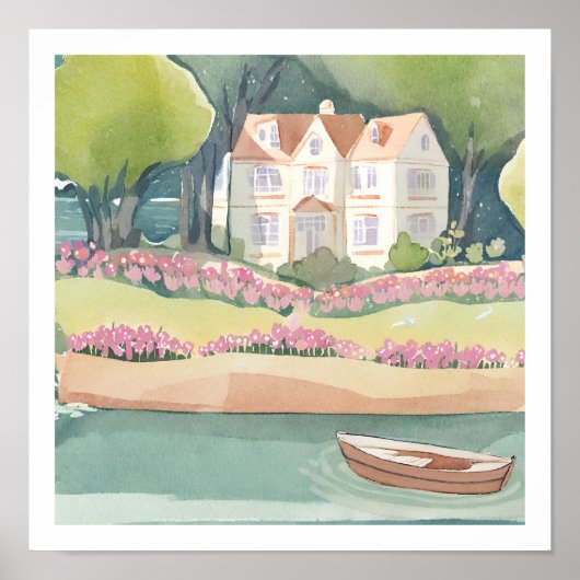 Grosses Haus am See und Boot Poster (Vorne)