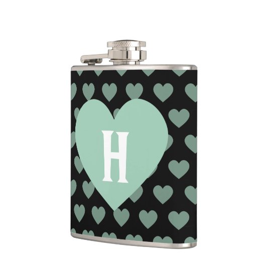 Großes hellgrünes Herz u. schwarzer Hintergrund Flachmann (Links)