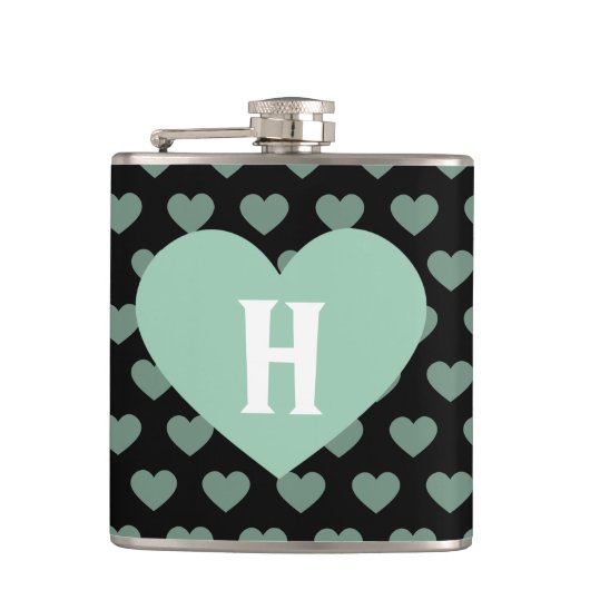 Großes hellgrünes Herz u. schwarzer Hintergrund Flachmann (Vorderseite)