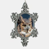 Großes Horned Owl Portrait Schneeflocken Zinn-Ornament (Links)
