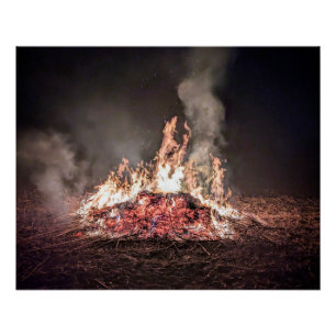 Großes Lagerfeuer, das nachts mit hohen Flammen br Poster