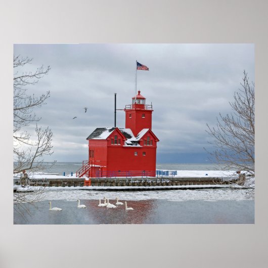 Grosses Leuchtturm aus Michigan mit Schwänen Poster (Vorne)
