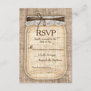 Großes Mason-Glas & Jute-Spitze Rustikale Hochzeit RSVP Karte