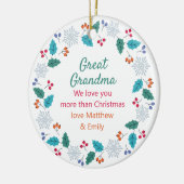 Großes Oma-Foto und Schneeflocken im Wald Keramik Ornament (Links)