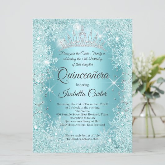 Grosses Quinceanera Aquamarin Snowflake Winter Won Einladung (Stehend Vorderseite)