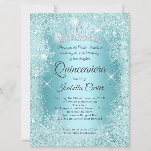 Grosses Quinceanera Aquamarin Snowflake Winter Won Einladung (Vorderseite)